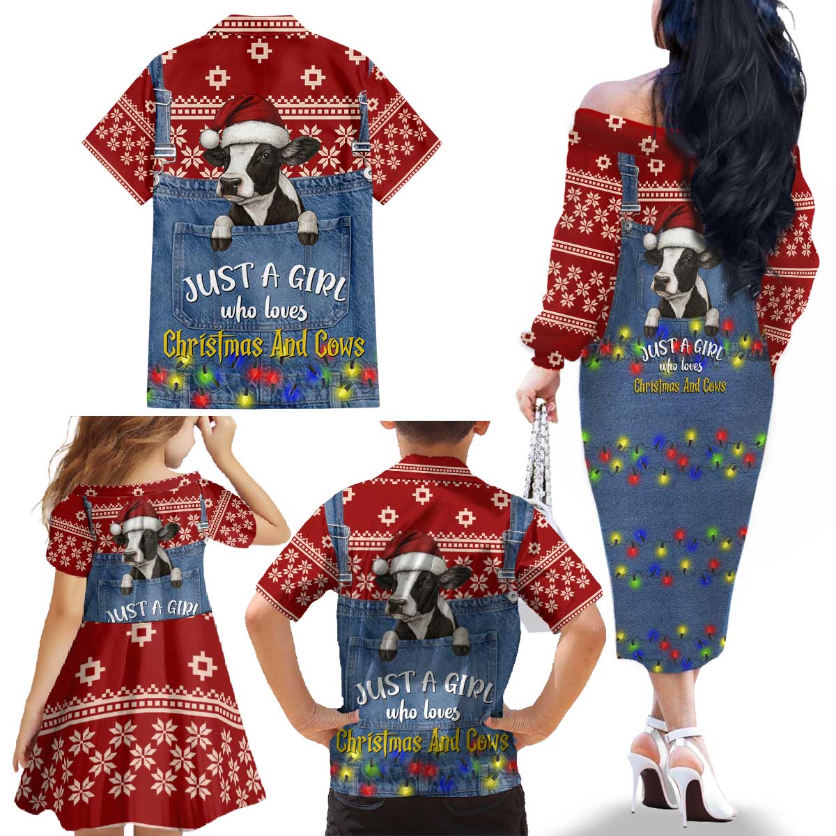 Just A Girl Who Loves Christmas And Cows Christmas Family Matching Off The Shoulder Long Sleeve Dress and Hawaiian Shirt Funny Xmas Holiday Patterns - Wonder Print Shop