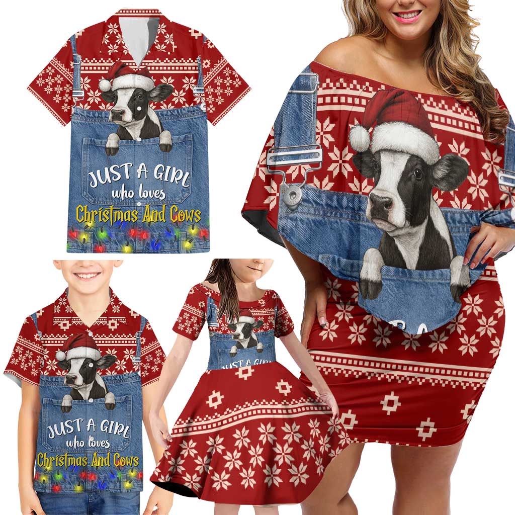 Just A Girl Who Loves Christmas And Cows Christmas Family Matching Off Shoulder Short Dress and Hawaiian Shirt Funny Xmas Holiday Patterns - Wonder Print Shop