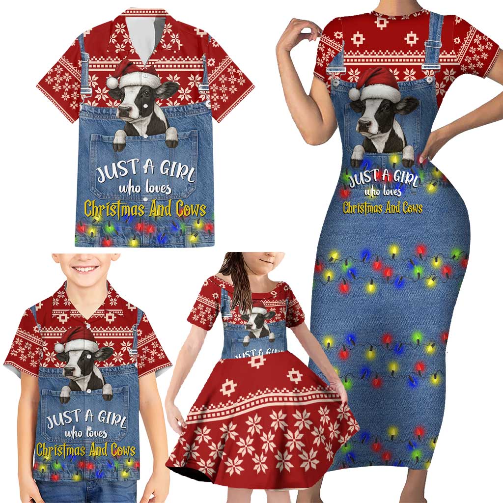 Just A Girl Who Loves Christmas And Cows Christmas Family Matching Short Sleeve Bodycon Dress and Hawaiian Shirt Funny Xmas Holiday Patterns - Wonder Print Shop