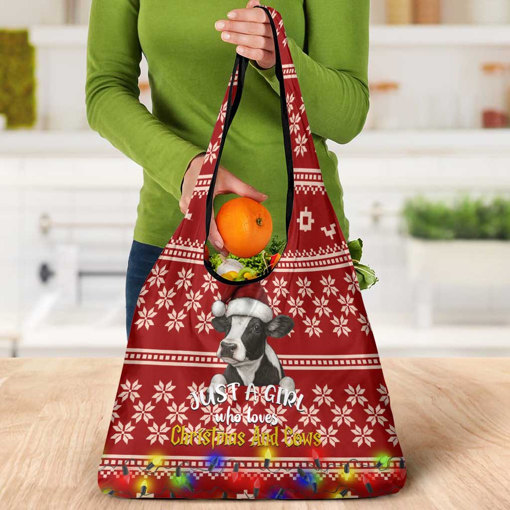 Just A Girl Who Loves Christmas And Cows Christmas Grocery Bag Funny Xmas Holiday Patterns - Wonder Print Shop