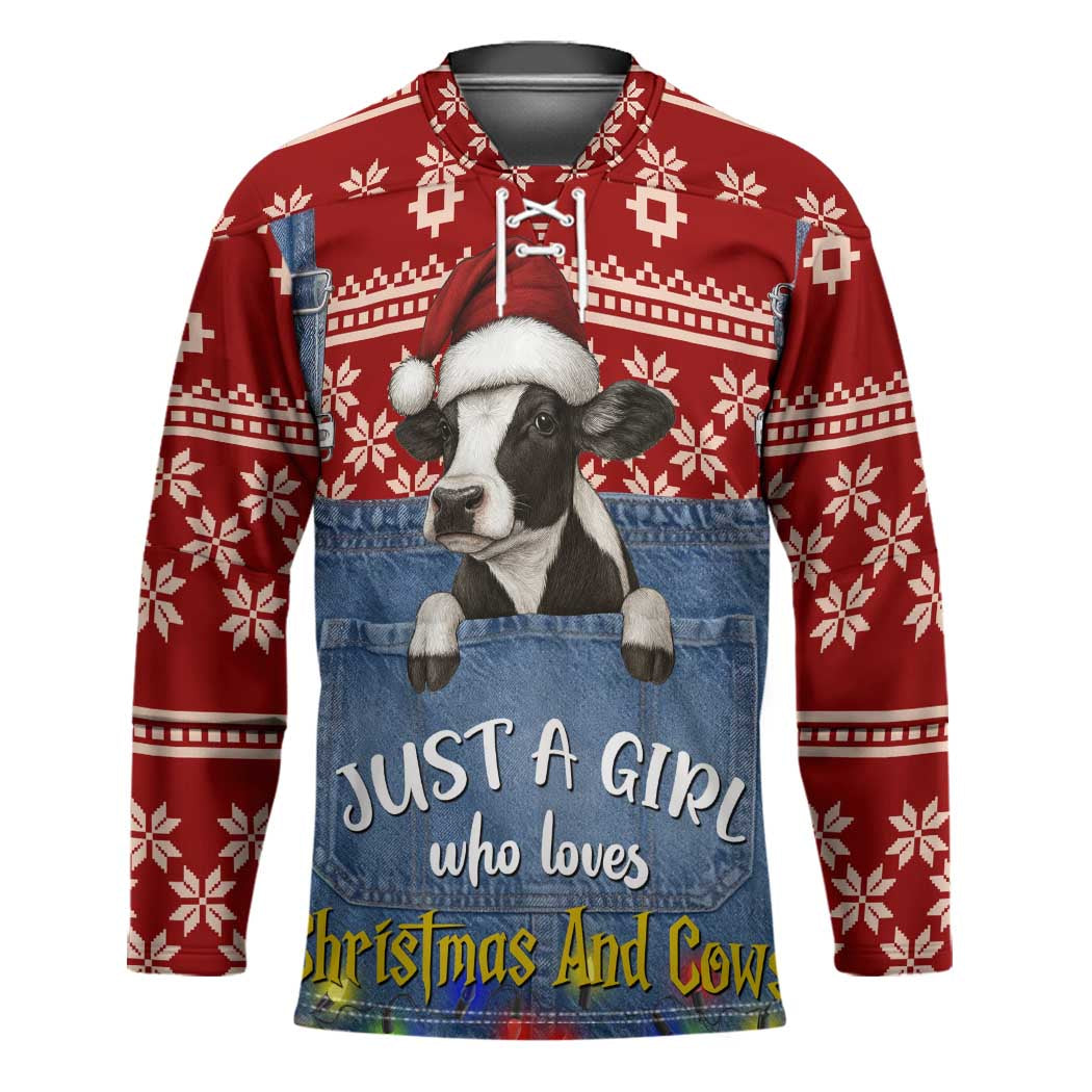 Just A Girl Who Loves Christmas And Cows Christmas Hockey Jersey Funny Xmas Holiday Patterns - Wonder Print Shop
