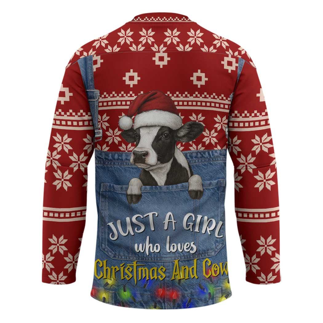 Just A Girl Who Loves Christmas And Cows Christmas Hockey Jersey Funny Xmas Holiday Patterns - Wonder Print Shop
