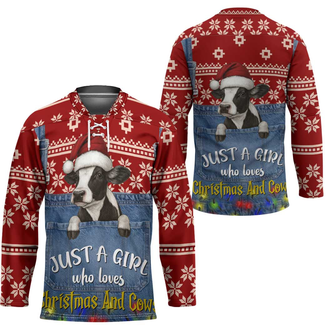Just A Girl Who Loves Christmas And Cows Christmas Hockey Jersey Funny Xmas Holiday Patterns - Wonder Print Shop