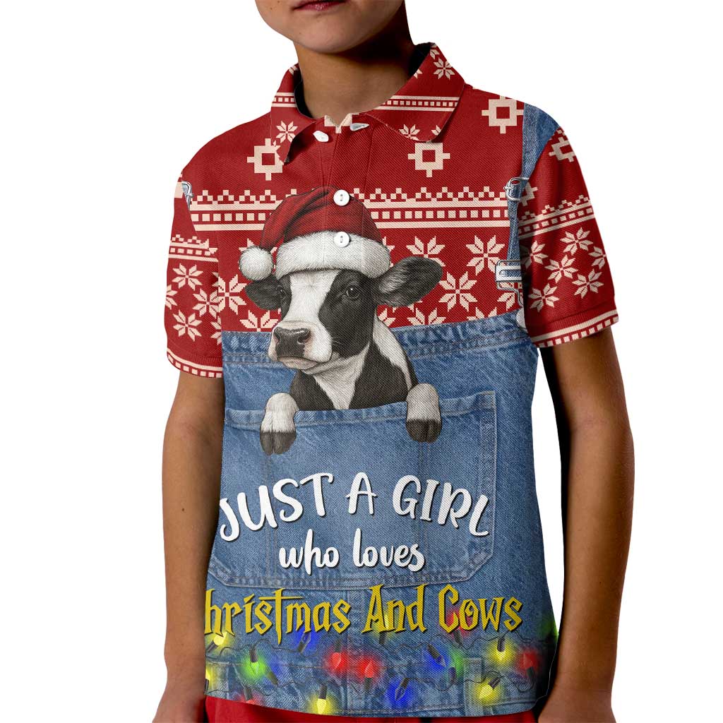 Just A Girl Who Loves Christmas And Cows Christmas Kid Polo Shirt Funny Xmas Holiday Patterns - Wonder Print Shop