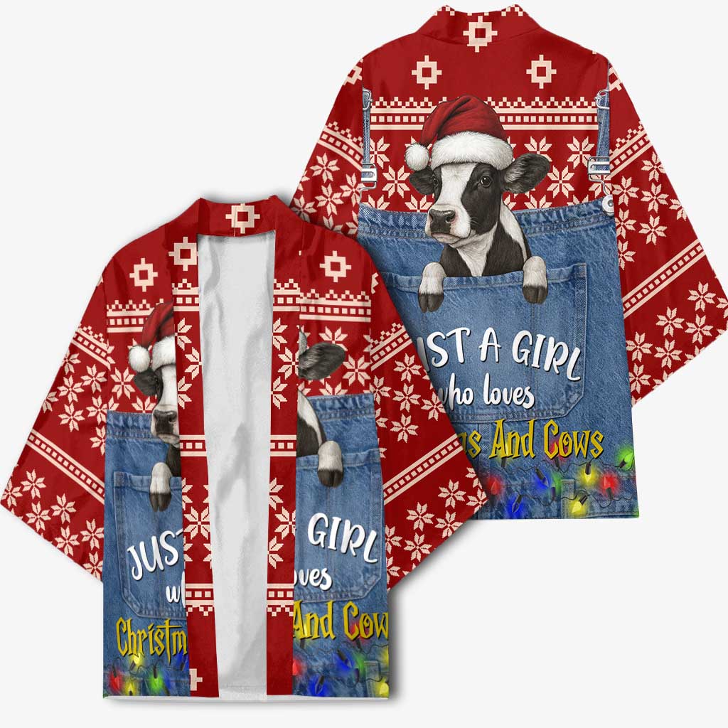 Just A Girl Who Loves Christmas And Cows Christmas Kimono Funny Xmas Holiday Patterns - Wonder Print Shop