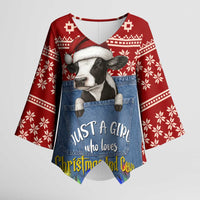 Just A Girl Who Loves Christmas And Cows Christmas Kimono Sleeve Blouse Funny Xmas Holiday Patterns - Wonder Print Shop