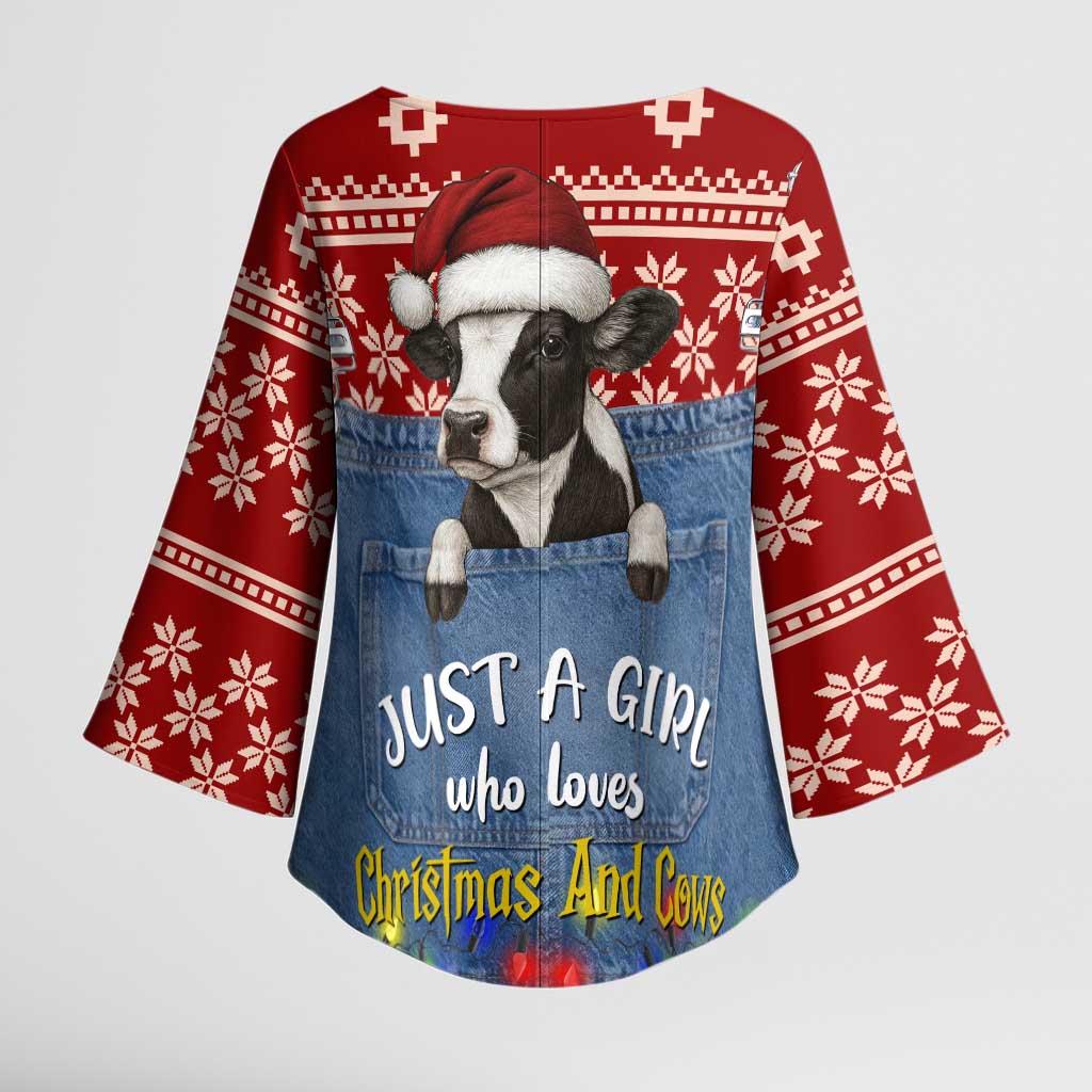 Just A Girl Who Loves Christmas And Cows Christmas Kimono Sleeve Blouse Funny Xmas Holiday Patterns - Wonder Print Shop