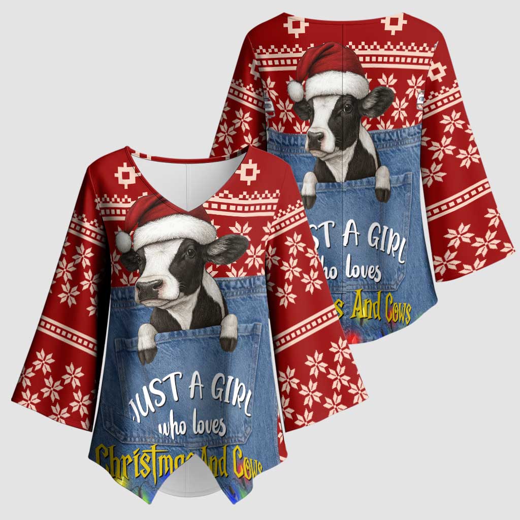 Just A Girl Who Loves Christmas And Cows Christmas Kimono Sleeve Blouse Funny Xmas Holiday Patterns - Wonder Print Shop