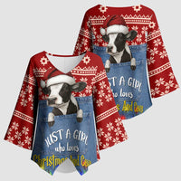 Just A Girl Who Loves Christmas And Cows Christmas Kimono Sleeve Blouse Funny Xmas Holiday Patterns - Wonder Print Shop
