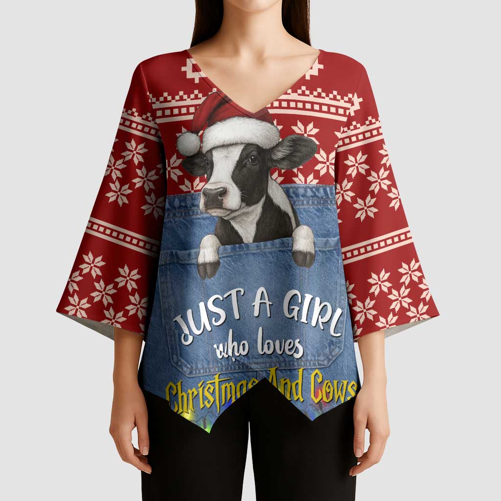 Just A Girl Who Loves Christmas And Cows Christmas Kimono Sleeve Blouse Funny Xmas Holiday Patterns - Wonder Print Shop