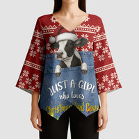 Just A Girl Who Loves Christmas And Cows Christmas Kimono Sleeve Blouse Funny Xmas Holiday Patterns - Wonder Print Shop
