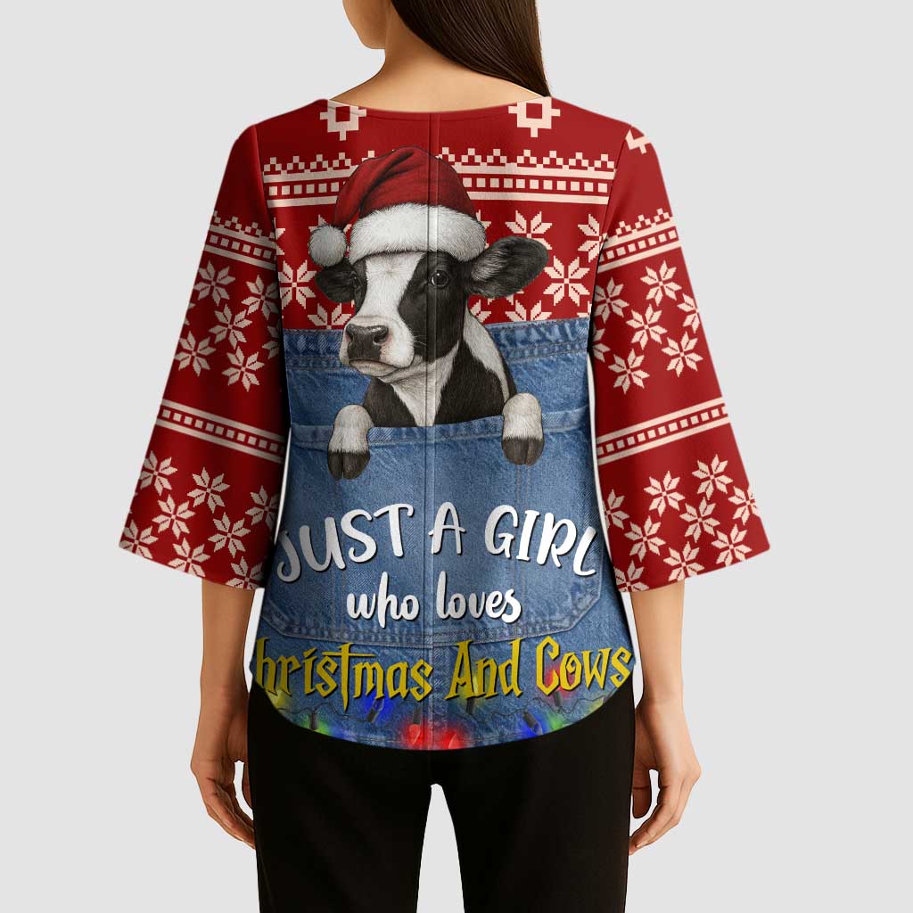 Just A Girl Who Loves Christmas And Cows Christmas Kimono Sleeve Blouse Funny Xmas Holiday Patterns - Wonder Print Shop