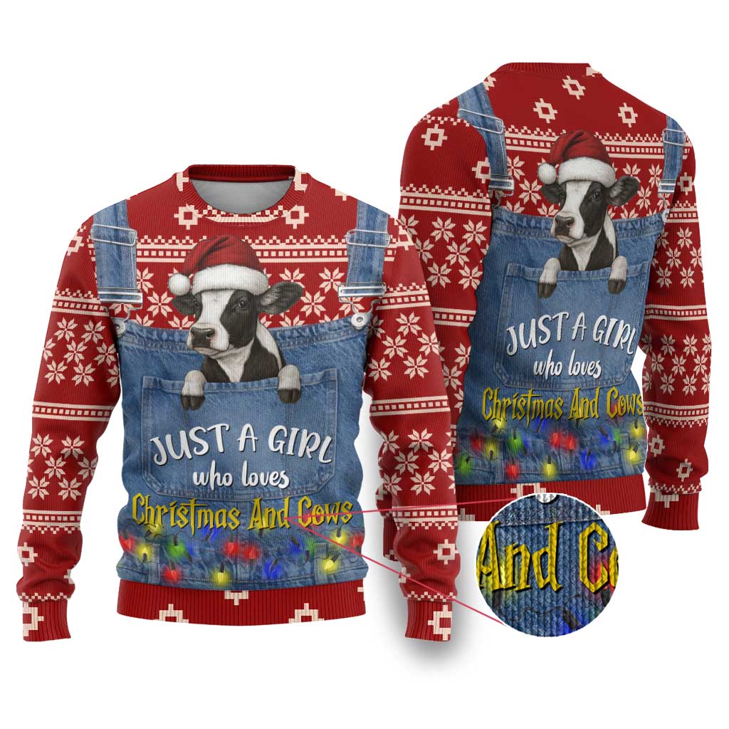 Just A Girl Who Loves Christmas And Cows Christmas Ugly Christmas Sweater Funny Xmas Holiday Patterns - Wonder Print Shop
