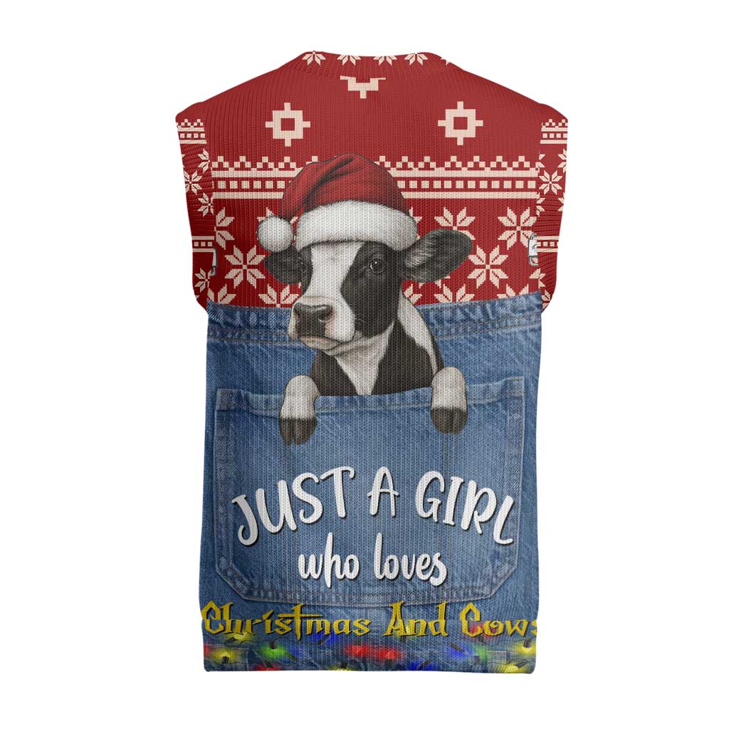 Just A Girl Who Loves Christmas And Cows Christmas Knitted V-Neck Vest Funny Xmas Holiday Patterns - Wonder Print Shop