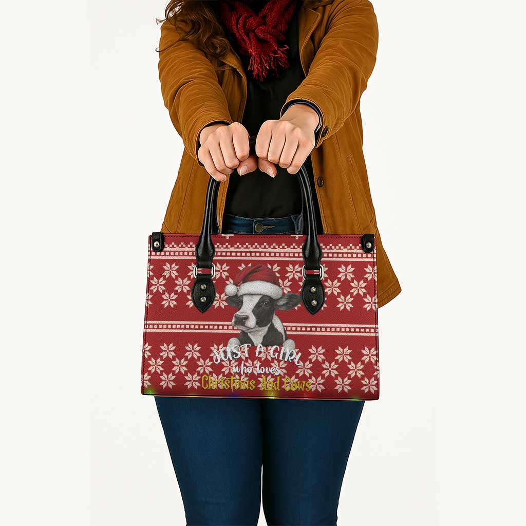 Just A Girl Who Loves Christmas And Cows Christmas Leather Bag Funny Xmas Holiday Patterns - Wonder Print Shop