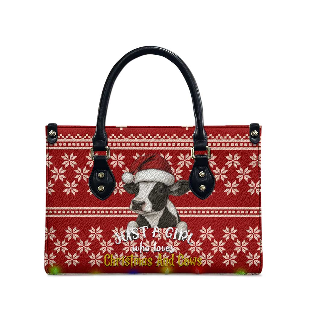 Just A Girl Who Loves Christmas And Cows Christmas Leather Bag Funny Xmas Holiday Patterns - Wonder Print Shop