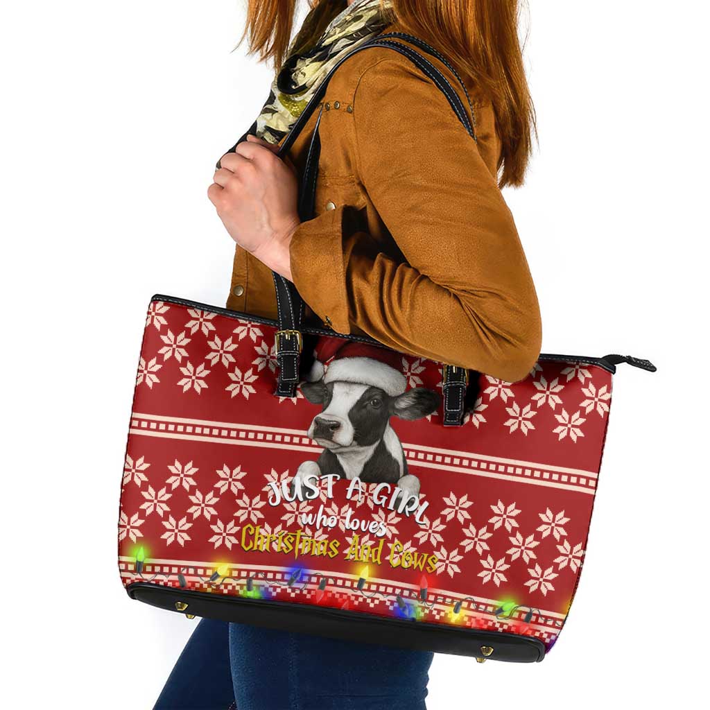 Just A Girl Who Loves Christmas And Cows Christmas Leather Tote Bag Funny Xmas Holiday Patterns - Wonder Print Shop