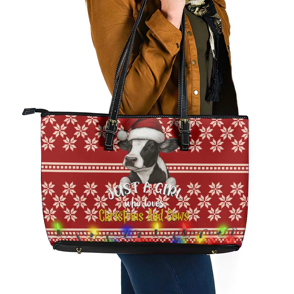 Just A Girl Who Loves Christmas And Cows Christmas Leather Tote Bag Funny Xmas Holiday Patterns - Wonder Print Shop