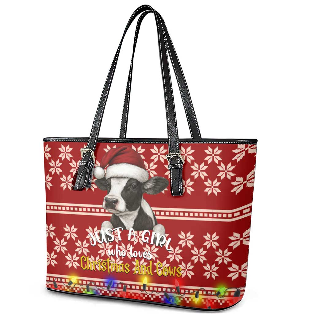 Just A Girl Who Loves Christmas And Cows Christmas Leather Tote Bag Funny Xmas Holiday Patterns - Wonder Print Shop