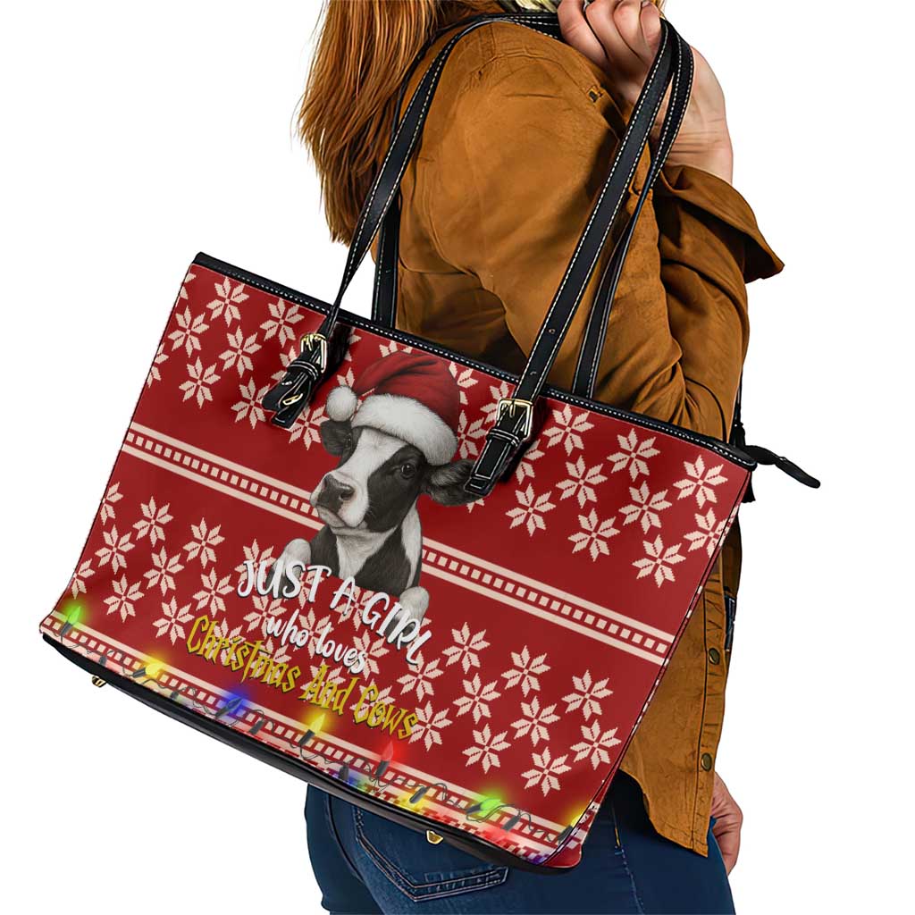 Just A Girl Who Loves Christmas And Cows Christmas Leather Tote Bag Funny Xmas Holiday Patterns - Wonder Print Shop