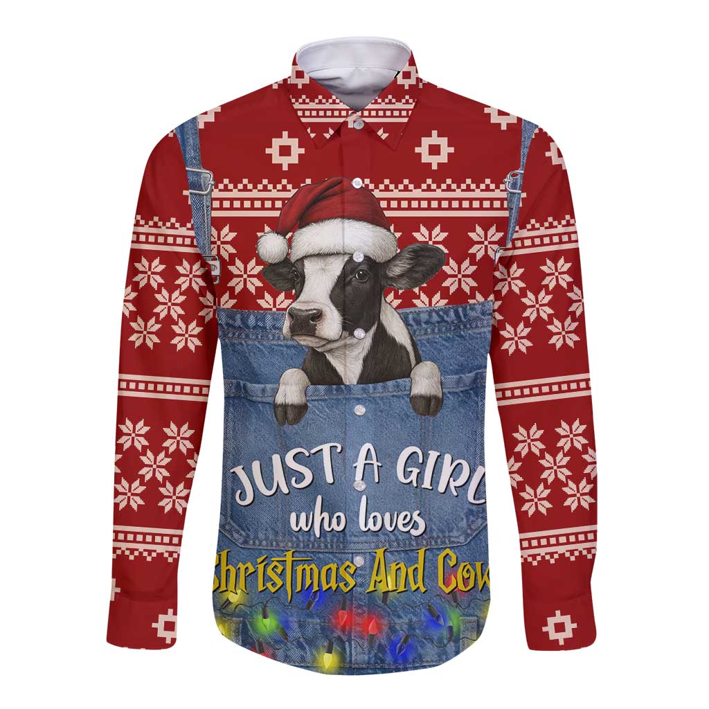 Just A Girl Who Loves Christmas And Cows Christmas Long Sleeve Button Shirt Funny Xmas Holiday Patterns - Wonder Print Shop