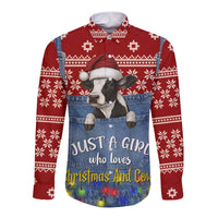 Just A Girl Who Loves Christmas And Cows Christmas Long Sleeve Button Shirt Funny Xmas Holiday Patterns - Wonder Print Shop