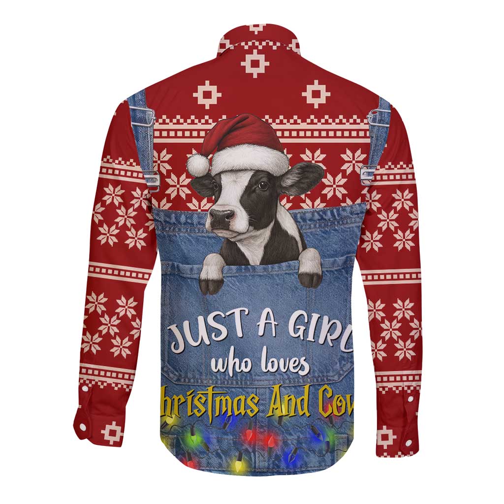 Just A Girl Who Loves Christmas And Cows Christmas Long Sleeve Button Shirt Funny Xmas Holiday Patterns - Wonder Print Shop