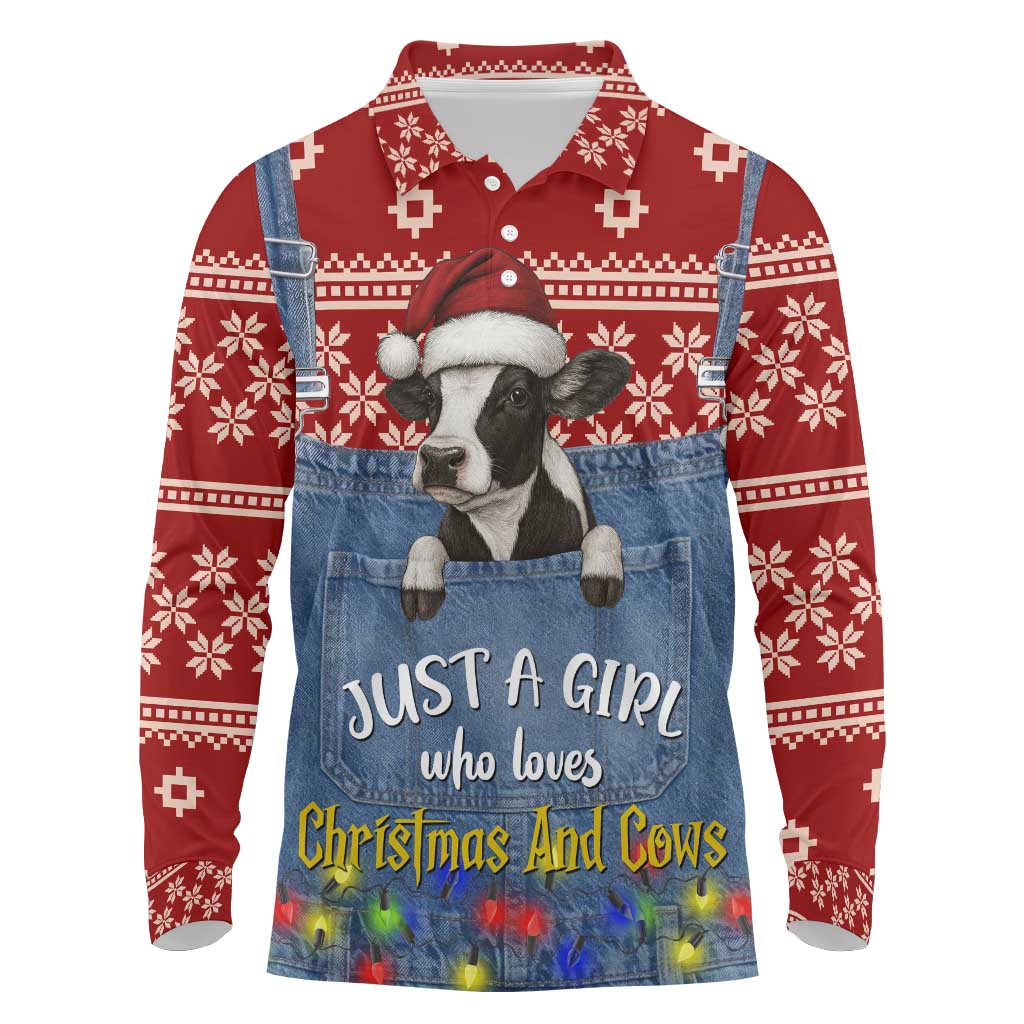 Just A Girl Who Loves Christmas And Cows Christmas Long Sleeve Polo Shirt Funny Xmas Holiday Patterns - Wonder Print Shop