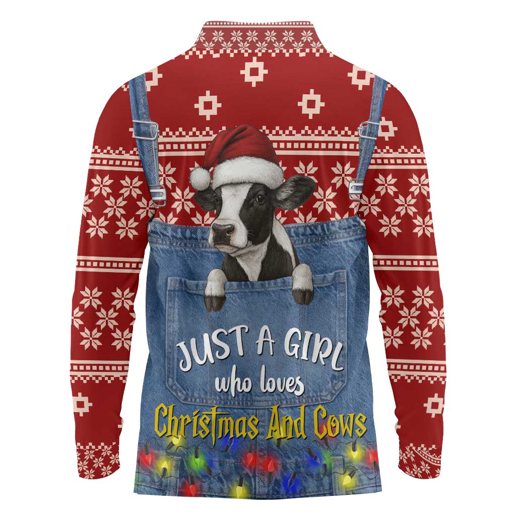 Just A Girl Who Loves Christmas And Cows Christmas Long Sleeve Polo Shirt Funny Xmas Holiday Patterns - Wonder Print Shop