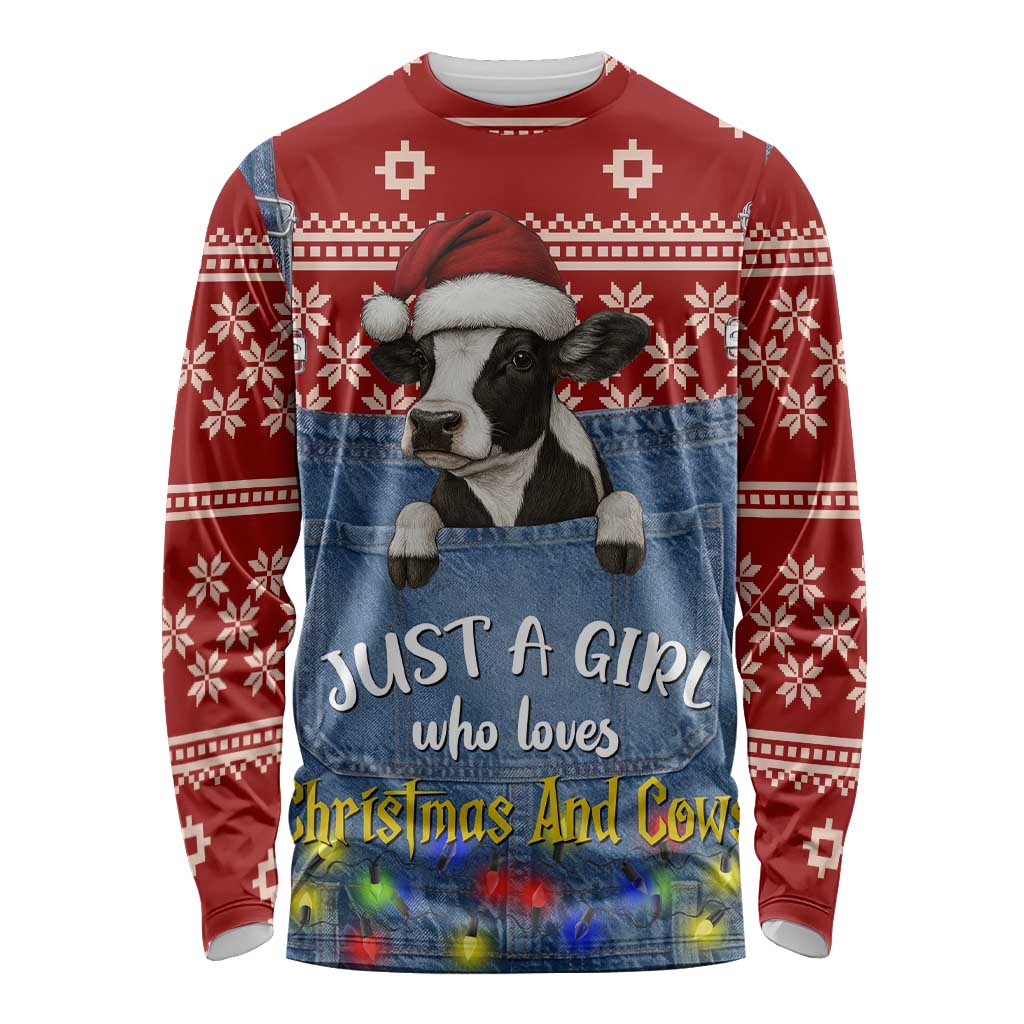 Just A Girl Who Loves Christmas And Cows Christmas Long Sleeve Shirt Funny Xmas Holiday Patterns - Wonder Print Shop