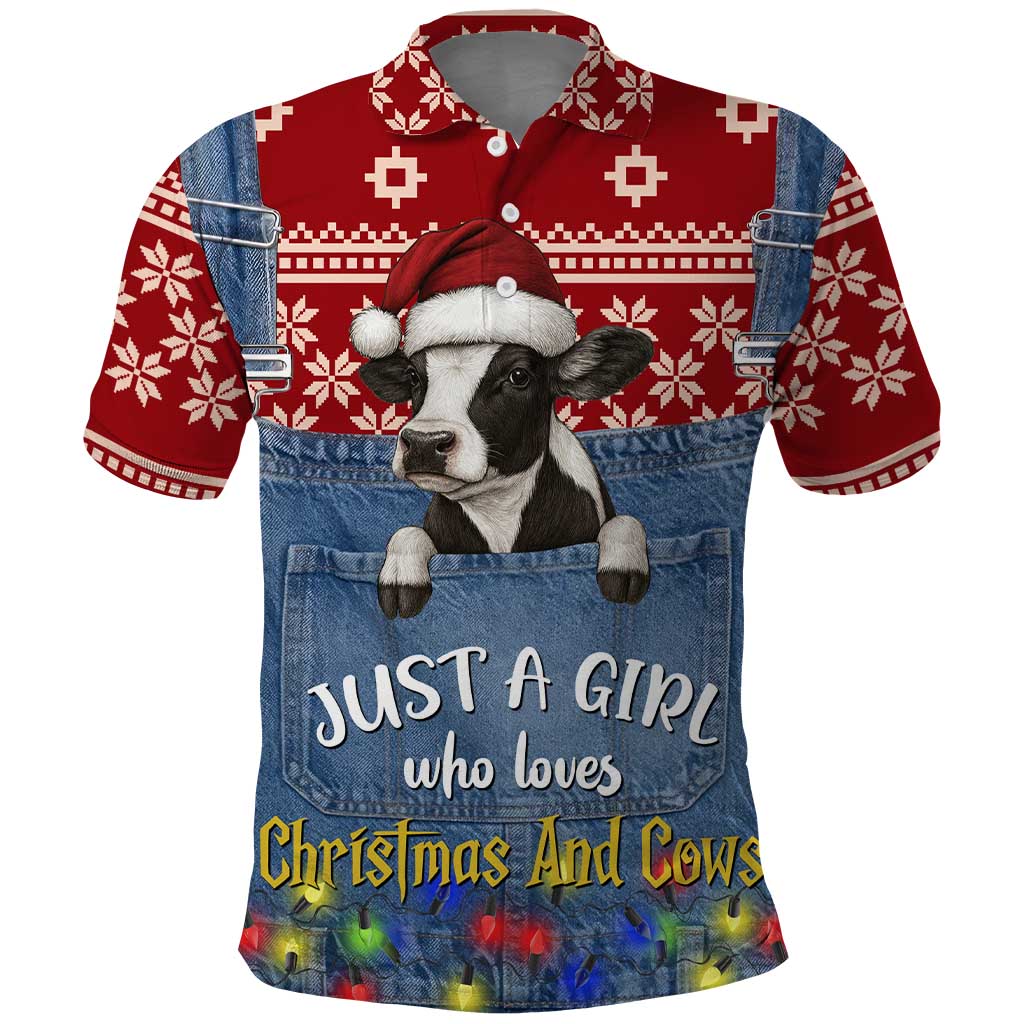 Just A Girl Who Loves Christmas And Cows Christmas Polo Shirt Funny Xmas Holiday Patterns - Wonder Print Shop
