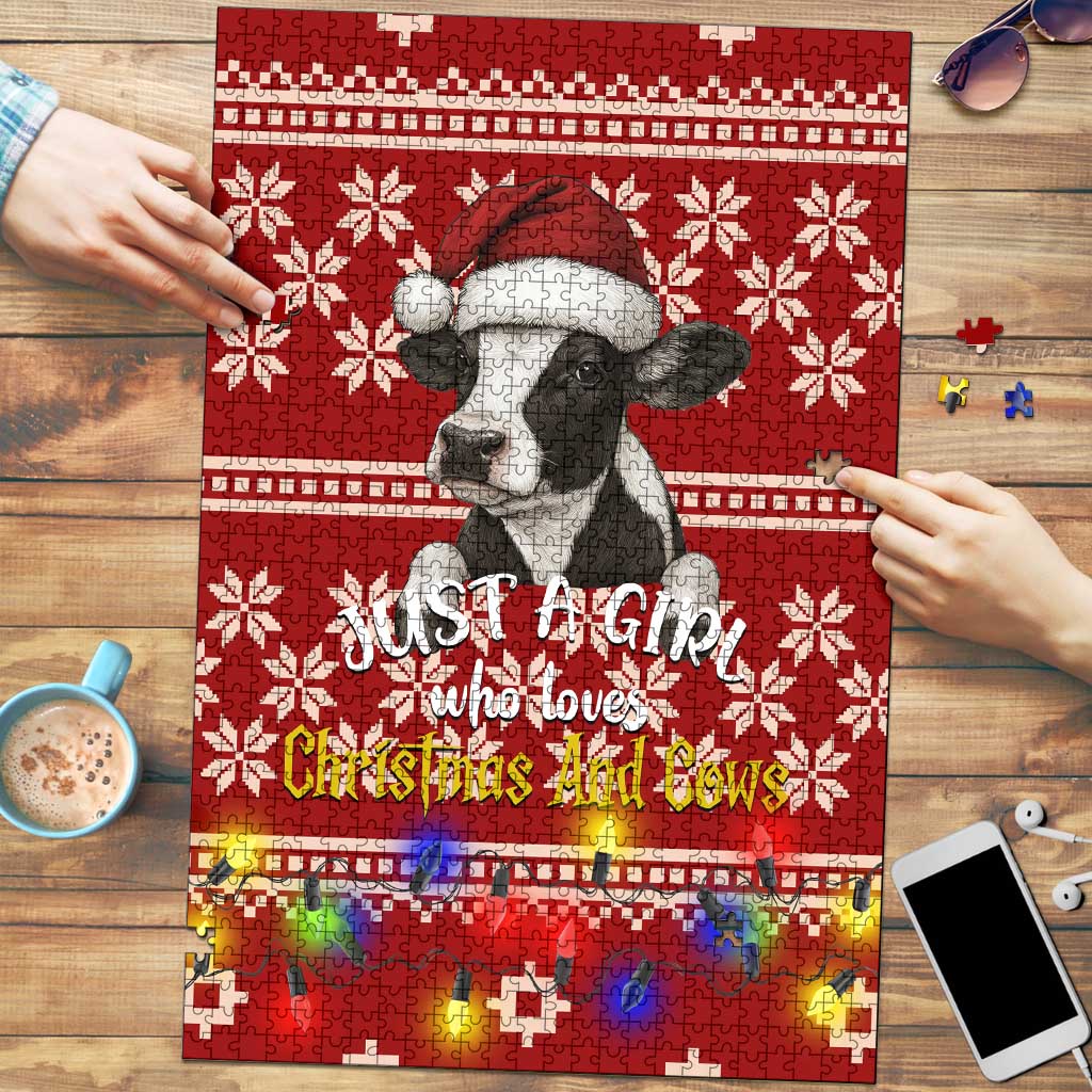 Just A Girl Who Loves Christmas And Cows Christmas Puzzle Funny Xmas Holiday Patterns - Wonder Print Shop