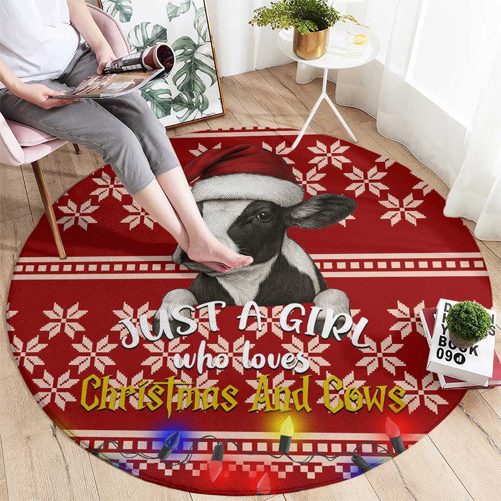 Just A Girl Who Loves Christmas And Cows Christmas Round Carpet Funny Xmas Holiday Patterns - Wonder Print Shop