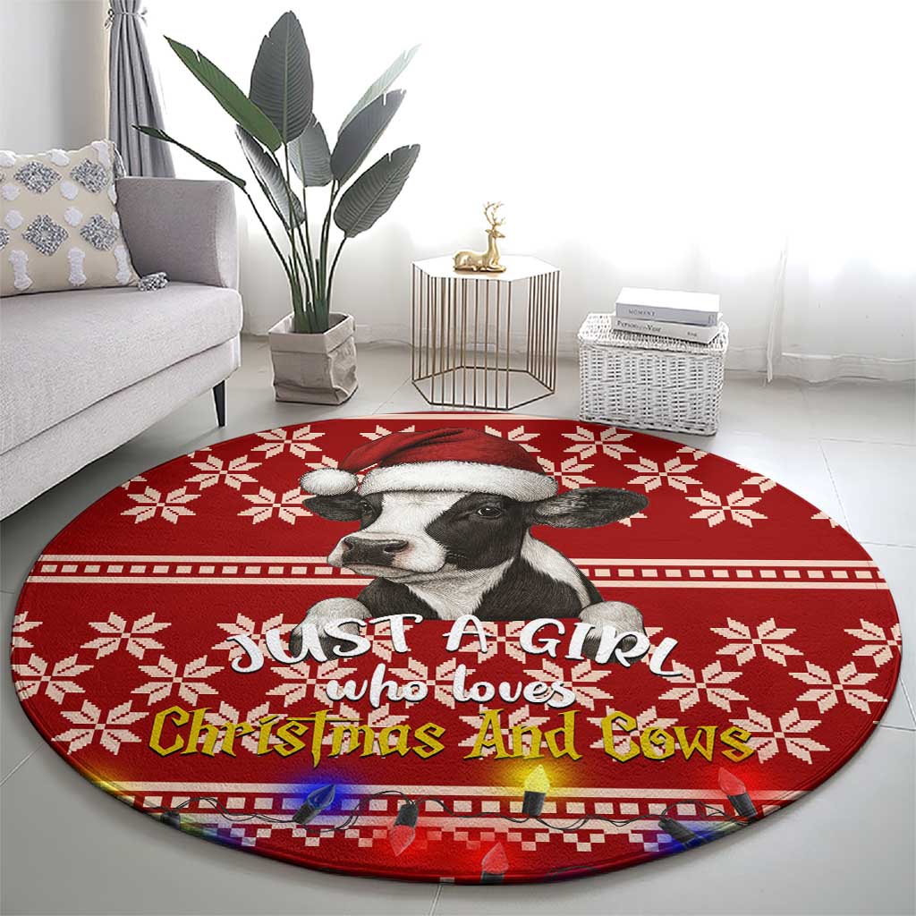 Just A Girl Who Loves Christmas And Cows Christmas Round Carpet Funny Xmas Holiday Patterns - Wonder Print Shop