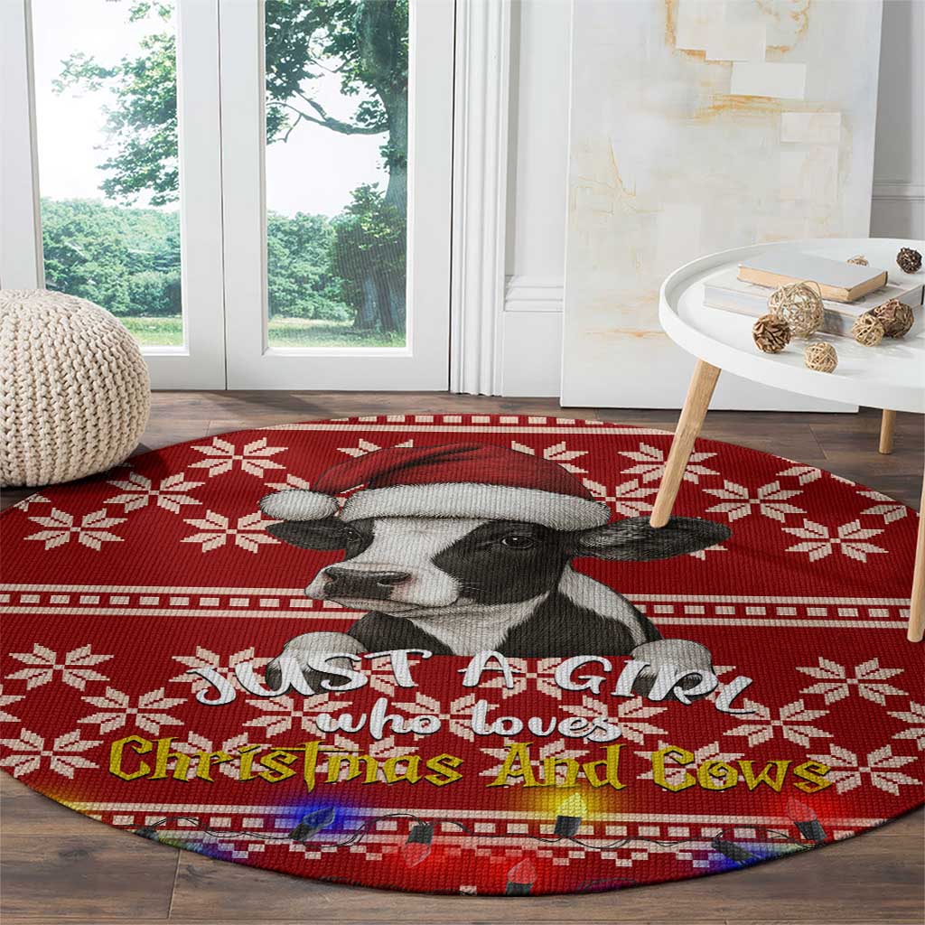 Just A Girl Who Loves Christmas And Cows Christmas Round Carpet Funny Xmas Holiday Patterns - Wonder Print Shop