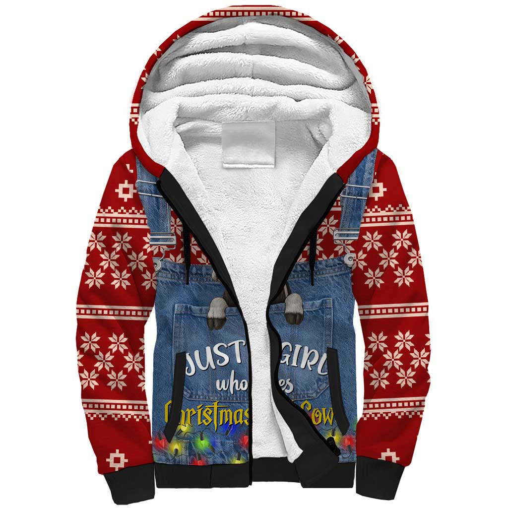 Just A Girl Who Loves Christmas And Cows Christmas Sherpa Hoodie Funny Xmas Holiday Patterns - Wonder Print Shop