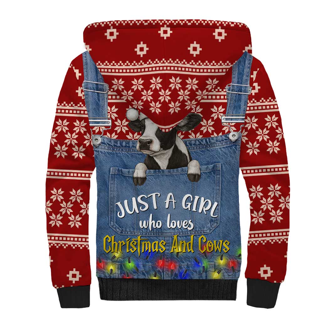 Just A Girl Who Loves Christmas And Cows Christmas Sherpa Hoodie Funny Xmas Holiday Patterns - Wonder Print Shop