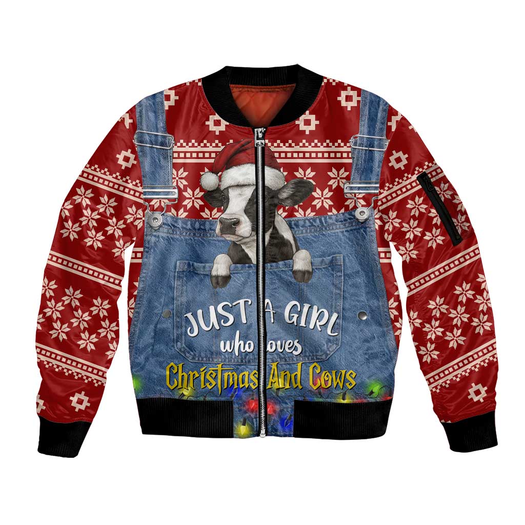 Just A Girl Who Loves Christmas And Cows Christmas Sleeve Zip Bomber Jacket Funny Xmas Holiday Patterns - Wonder Print Shop