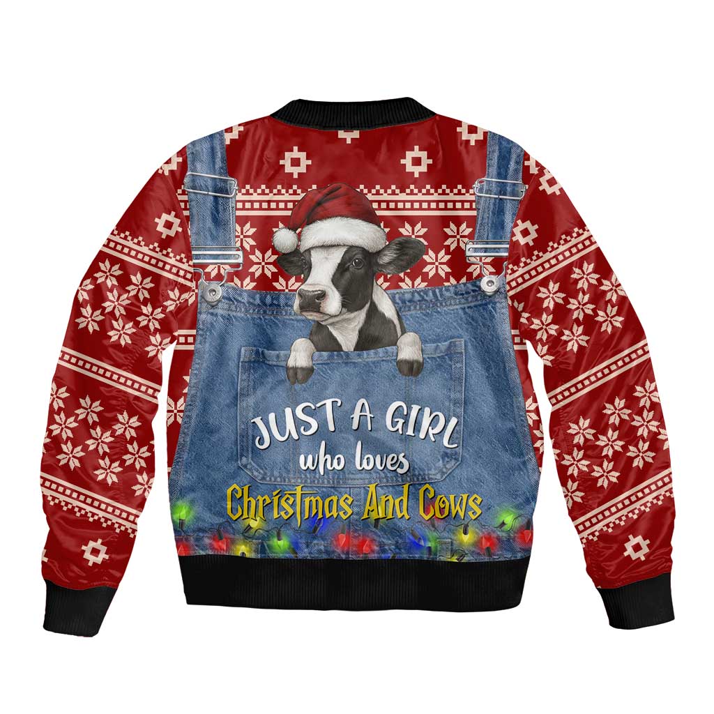 Just A Girl Who Loves Christmas And Cows Christmas Sleeve Zip Bomber Jacket Funny Xmas Holiday Patterns - Wonder Print Shop
