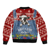 Just A Girl Who Loves Christmas And Cows Christmas Sleeve Zip Bomber Jacket Funny Xmas Holiday Patterns - Wonder Print Shop