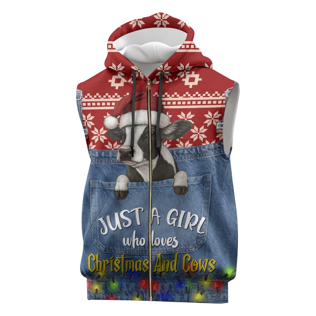 Just A Girl Who Loves Christmas And Cows Christmas Sleeveless Zip Hoodie Funny Xmas Holiday Patterns - Wonder Print Shop