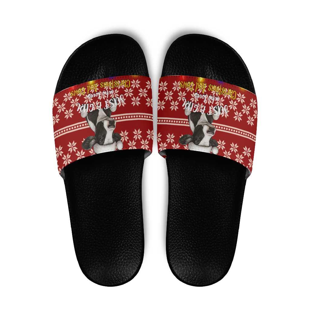 Just A Girl Who Loves Christmas And Cows Christmas Slide Sandals Funny Xmas Holiday Patterns - Wonder Print Shop