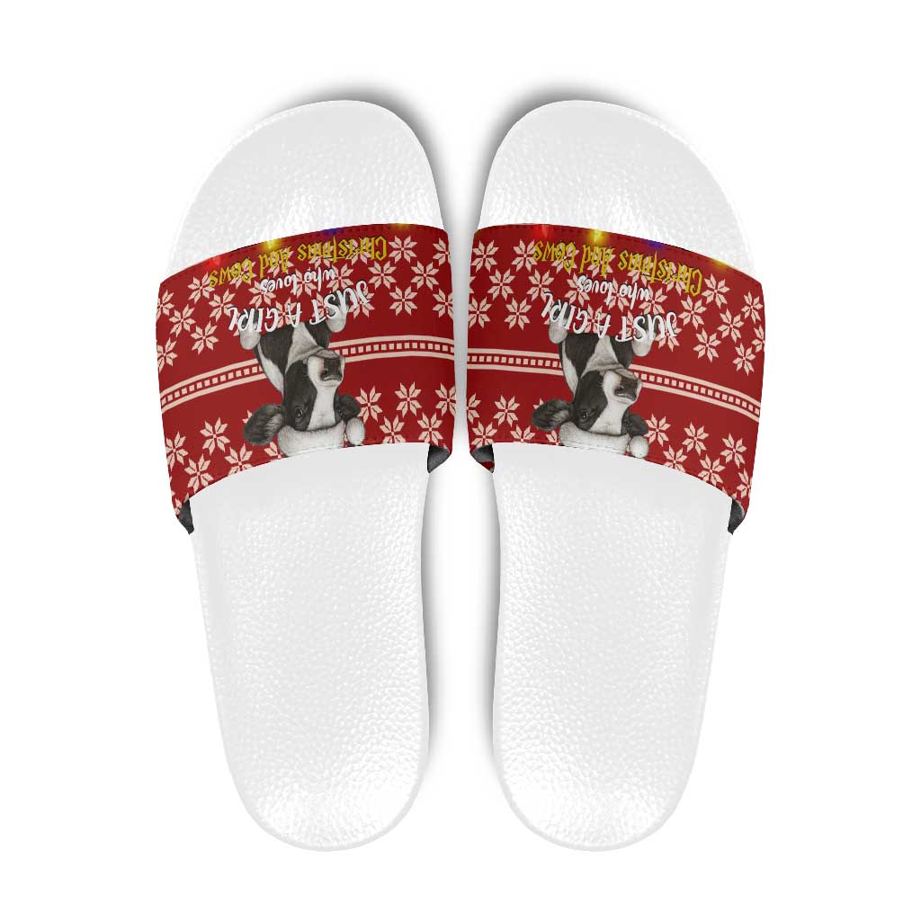 Just A Girl Who Loves Christmas And Cows Christmas Slide Sandals Funny Xmas Holiday Patterns - Wonder Print Shop