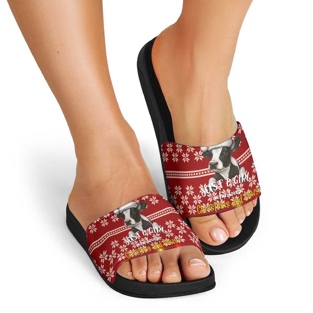 Just A Girl Who Loves Christmas And Cows Christmas Slide Sandals Funny Xmas Holiday Patterns - Wonder Print Shop