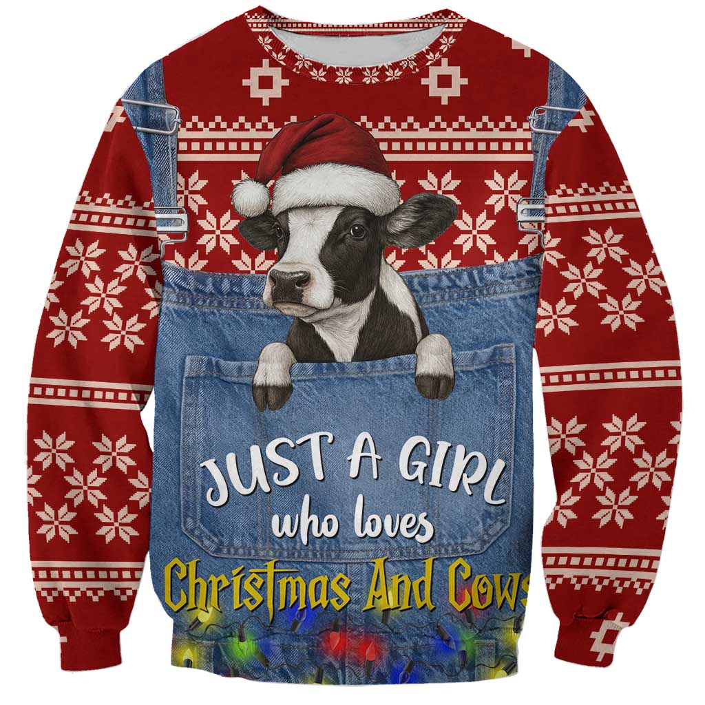 Just A Girl Who Loves Christmas And Cows Christmas Sweatshirt Funny Xmas Holiday Patterns - Wonder Print Shop