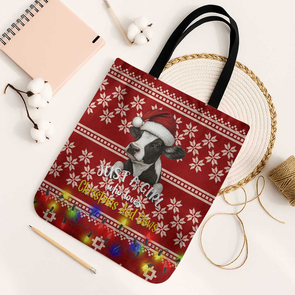 Just A Girl Who Loves Christmas And Cows Christmas Tote Bag Funny Xmas Holiday Patterns - Wonder Print Shop
