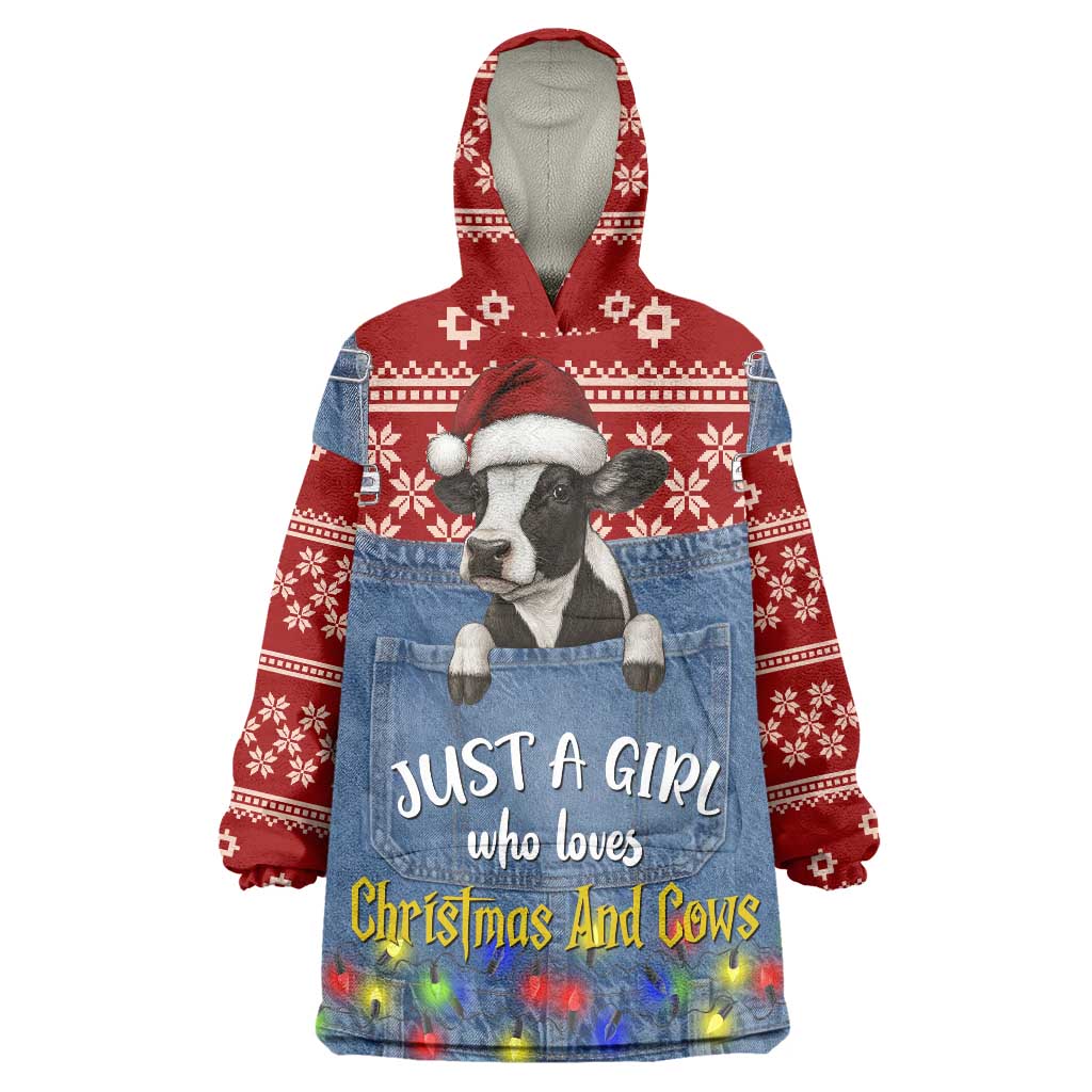 Just A Girl Who Loves Christmas And Cows Christmas Wearable Blanket Hoodie Funny Xmas Holiday Patterns - Wonder Print Shop