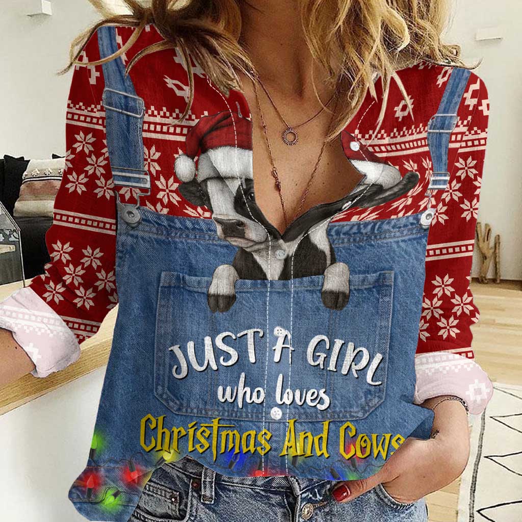 Just A Girl Who Loves Christmas And Cows Christmas Women Casual Shirt Funny Xmas Holiday Patterns - Wonder Print Shop