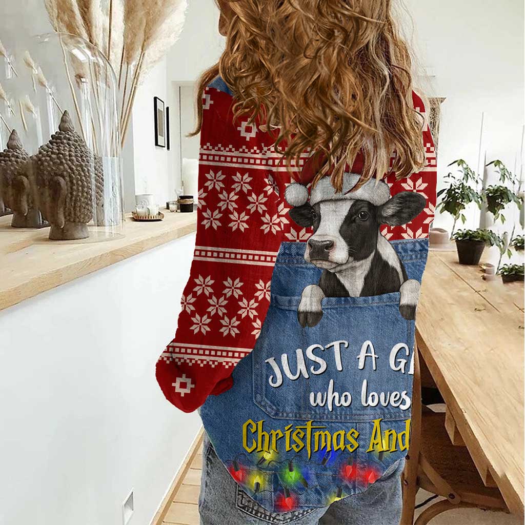 Just A Girl Who Loves Christmas And Cows Christmas Women Casual Shirt Funny Xmas Holiday Patterns - Wonder Print Shop