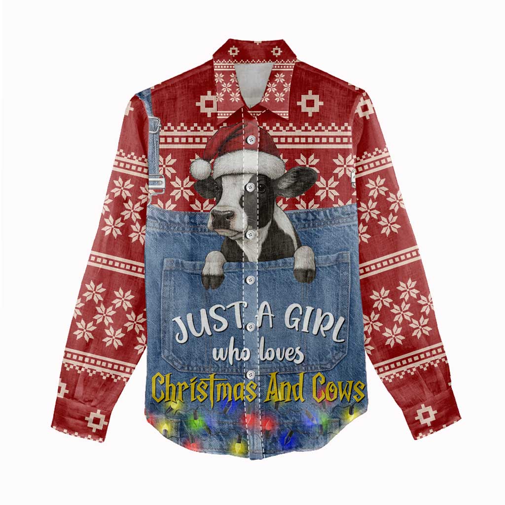 Just A Girl Who Loves Christmas And Cows Christmas Women Casual Shirt Funny Xmas Holiday Patterns - Wonder Print Shop